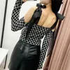 Sexy Women Chic Plaid Knitted Shirts Fashion Ladies Mesh Bow Strap Tops Sweet Female Streetwear Slash Neck Blouses 210527