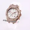 37mm 26231 Miyota Quartz Chronograph Ladies Womens Watch Rose Guld Diamanter Case Svart Inner Vit Textur Dial Stick Markörer Gummi Rem Stopwatch Puretime A04A1