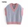 Toppies femme pull à carreaux gilet décontracté Argyle gilet femme tricoté hauts col en v veste 210412