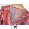 Traf Women Chic Fashion Floral Print Wrap Chiffon Midi Dress Vintage V Neck With Belt and Foder Female Dress Veintidos 210415