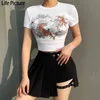 Rapwriter Casual Ribbed Tiger Printed Crop White T-Shirt Girl Summer Women Streetwear Short Sleeve Stretch Tee Top Femme 210415