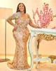 Aso Ebi 2022 Arabo Plus Size Gold Mermaid Abiti da sera luccicanti Pizzo con perline Sexy Prom Party formale Abiti da secondo ricevimento