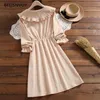 Japanese Mori Girl Spring Autumn Women Dress Peter Pan Collar Apricot Pink Lace Up Vestidos High Waist Kawaii Corduroy Dresses 210520