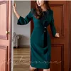 Autumn Work Wear Pencil Dress Green O Neck Draped Belts Midi Length Long Sleeve Office OL Dresses Vestidos Robe 210529