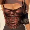 Women Summer Elegant Sexy Deep V-Neck Sleeveless Camis Solid Punk Leather Club Button Streetwear Tank Tops Corset 210428