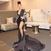 Black Long Sleeves Split Lace Appliqued Mermaid Evening Dresses Deep V Neck Satin Court Train Formal Prom Gowns