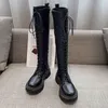 Stiefel Damen Combat Black Leather Lace-up Knielange Gothic-Schuhe mit hohem Antumn-Absatz