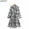 Women Vintage V Neck Ink Painting Butterfly Printing Casual Shirt Dress Female Chic Pleat Ruffles Vestido DS4751 210420