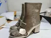 ハイヒールのブーツデザイナーソフト牛革秋冬粗いヒールの女性シューズ100％本物のレザージッパーファッションメタルバックルレディーヒール6cm大きいサイズ35-42