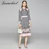 Summer Fall Female Overlay Circle Pattern Floral Printed Dress Women Elegant Wrist Sleeve Slim Waist Ladies Midi Vestidos 210416