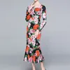 spring summer arrival rose flower square collar long sleeve meirmaid midi dress for women draped party causal dresses 210421