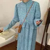 Vintage klänning för kvinna tryckt stativ hals hög midja es vestido regnbåge ruffles elegant blå kvinnlig 210603