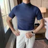 Yarım Yüksek Yaka Örme T-shirt Kore Ince T Gömlek Erkekler Bahar Streetwear Rahat Tops Tees Nefes Rahat Giysiler 210527