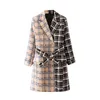 Jesień zima krawat łuk Gingham Check Plaid wykop Eleganckie kobiety Lapel z długim rękawem Slim Fit Mid Coat Outerwear 210429