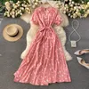 Elegante retro bloemen vintage boho jurk bladerdeeg mouwen taille slanke grote swing lange korte ruches strand zomer 210420