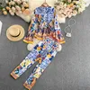 Moda de passarela elegante com estampa vintage calça com babados blusa camisa top e calça comprida conjunto de duas peças conjuntos femininos feminino