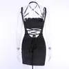 Omsj Black Shiny Party Club Criss-Cross Mini Pencil Dress + Crop Top Hollow Out Casual Vintage Sexy High Street Stroje 210517