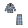 Junelove jesienna zimowa moda moda swobodna niebieska kratona 2-częściowa zestaw vintage minimalistyczny wełniany tkaninę+spódnica 220221