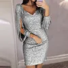 Tassel Lantern Sleeve Sequin Dress Women Sexig V Neck Bodycon Dresses Summer Fashion Elegant Party Sequined Vestidos