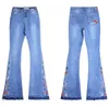 Damen-Jeans, Damen-Jeans mit hoher Taille, Blumenstickerei, Denim-Hosen, Vintage-Jeans in voller Länge, schmale Passform, lange ausgestellte blaue Jean-Hose