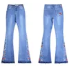 Jeans da donna Vita alta da donna Pantaloni da donna con ricami floreali Pantaloni in denim vintage a figura intera Slim Fit Pantaloni lunghi blu svasati