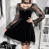 Casual Kleider Herbst Goth Dark Harajuku Mall Gothic Ästhetische Frauen Mini Schwarz Punk Spitze A-linie Party Kleid Verband Emo Alt Kleidung