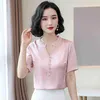 Koreaanse zijde vrouwen blouses shirt v-hals vrouw satijnen effen tops plus size blusas femininas elegante 210427