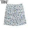 Traf Femmes Chic Mode Floral Imprimer Drapé Mini Jupe Vintage Taille Haute Taille Fermeture À Glissière Femelle Jupes Casual Faldas Mujer 210415
