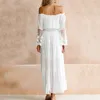 Летнее модное белое платье, пляжное женское платье с открытыми плечами, кружевное лоскутное, однотонное, с длинными расклешенными рукавами, макси, повседневные платья