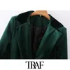 TRAF Women Fashion With Belt Velvet Blazer Coat Vintage Long Sleeve Pockets Female Outerwear Chic Veste Femme 210415
