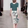 HMA Autumn Women Elegant Knit Sweater Top Green Slim Pullovers +High Waist Floral Skirts Suit Female Two Piece Set 210708