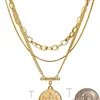 Layered Halsband för kvinnor 18K guldpläterad, multilager myntmedaljong hänge halsband Layering kedja uppsättning för kvinnor