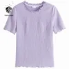 Fansilanen Ofis Doku Sense Mantar Dantel Kısa Kollu Mor T-Shirt Yaz Katı Renk Yuvarlak Boyun Ince Kadınlar Tops 210607