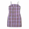 Preppy Purple Gingham Check Plaid Spaghetti Strap Mini Dress Girl's Slash Collar Slim Waist Sling Short Dresses Vintage 210429