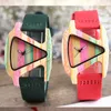 Unique Colorful Wood Watch Creative Triangle Shape Dial Hour Clock Women Quartz Leather Bracelet Women's Wrist Reloj Mujer 210616