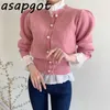 Шикарные сладкие качества розовый слойки с длинным рукавом свитер женщины кардиган тонкий короткий пальто осень зима шикарная мода топ 210610
