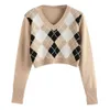 Vrouwen Argyle Crop Sweater V-hals Lange mouwen Pullover Elegant Knit Tops Top Mode Herfst Uitloper 210922