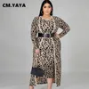 CM.yaya Plus Size XL-4XL Leopard Drukuj damski zestaw z długim rękawem Long Cloak Tops Bodycon Midi Sukienka Dwa kawałek pasujące stroje 210708