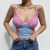 Summer Patchwork Mesh Sexy Crop Top T Shirt Ladies Backless Milkmaid Top senza maniche Donna con scollo a V Volant Tshirt Party 210426