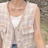 Chaleco de lana de Tweed de un solo pecho a la moda para mujer, ropa de abrigo femenina sin mangas con cuello de pico Vintage, Tops elegantes 210520