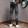 Man Versleten Patch Zwarte Jeans Schade Stretch Slim Fit Denim Broek274K