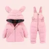 1-4 år barn baby snöar hooded down jackor + jumpsuit 2pcs sätter koreanska stiliga toddler pojkar tjejer skidåkning vinter kläder h0909