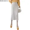 WERUERUYU Spring Autumn Wrap Skirts Single-Breasted High Waist Pencil Midi Skirt Front Split Skirts Womens 210608