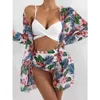 Sexy Three Pieces Bikini Set Cover Up Swimwear Women Swimsuit Print Long Sleeve Bathing Suit Beachwear Swimming Biquini 210712