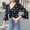 Violet Black Polka Dot V Neck Flare Sleeve 3/4 Sznurek Dzianiny Top B0139 210514