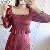 Kobiety Vintage Square Collar Polka Dots Print Krótki Smock Bluzka Kobiet Chic Elastyczne Ruffles Slim Koszula Blusas Topy LS9018 210420