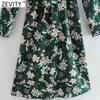 Kobiety Vintage Totem Floral Print Sahses Zielony Midi Femme Długi Rękaw Dorywczo Biznes Vestido Sukienka DS4807 210416
