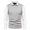 2021 Spring Autumn Men's Sweater White Lapel Shirt Vest Fake Two Piece Sweaters Y0907