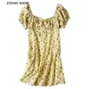 Français jaune frais petite fleur robe courte rétro femmes laçage marée noeud soutien-gorge collier manches bouffantes mini robes 210429