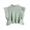 Mulheres Mint Verde Ruffles Laminação Decorar Sweater Feminino Manga Curta Sem Duttons Cardigan Chique Top 210520